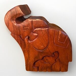Vintage Hand Wood Carved Puzzle Elephant Trinket Box With Hidden Compartment